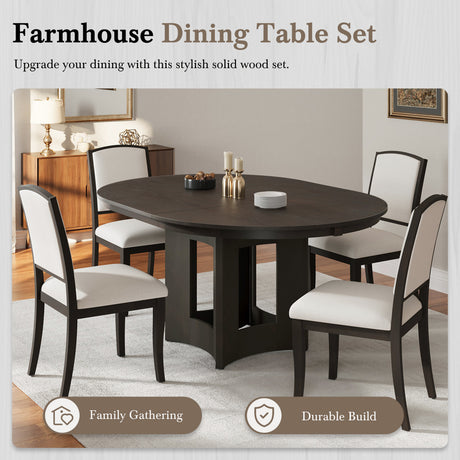 TOPMAX Farmhouse Extendable Round Dining Table Set for 4, 5-Piece Kitchen Table Set with 4 Upholstered Chairs and 16inch Removable Leaf for Small Places, Espresso+Beige - sold by Home Elegance USA