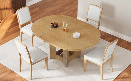 TOPMAX Farmhouse Extendable Round Dining Table Set for 4, 5-Piece Kitchen Table Set with 4 Upholstered Chairs and 16inch Removable Leaf for Small Places, Natural+Beige - sold by Home Elegance USA