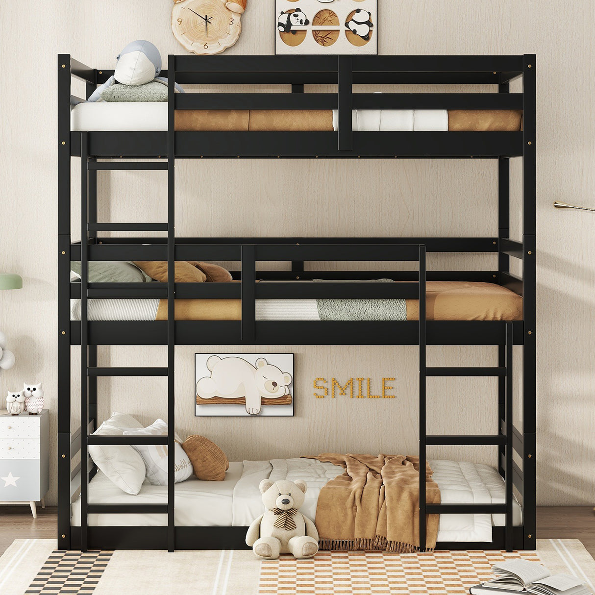 Triple Rubber Wood Bunk Bed with Two Built-in Ladders, Guardrails, Twin over Twin over Twin, Detachable Triple Twin Bunk Bed,Black