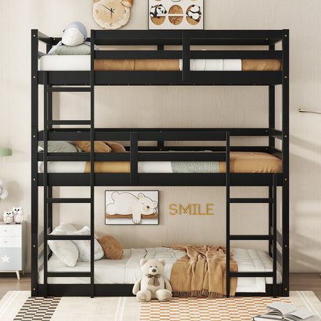 Triple Rubber Wood Bunk Bed with Two Built-in Ladders, Guardrails, Twin over Twin over Twin, Detachable Triple Twin Bunk Bed,Black