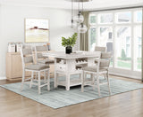 Juego de comedor de 5 piezas de altura de mostrador, mesa con acabado blanco antiguo, cajones de almacenamiento, estantes para vinos, 4 sillas y asiento tapizado.