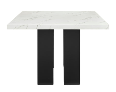 7pc Dining Set White Rectangular Marble-like Tabletop Dark-finished Base Upholstered Chairs Soft Wooden Dining Room Furniture - sold by Home Elegance USA