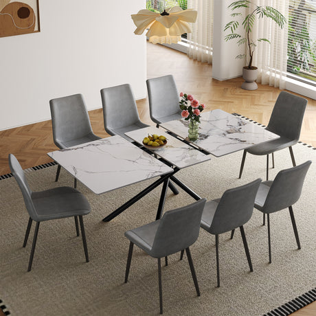 Modern 59-inch Expandable Dining Table with Retractable Leaf, Charred Stone Top & Black Carbon Steel X-Base, 4-8 Person Set with 8 Gray PU Chairs for Small Apartments, Kitchen - sold by Home Elegance USA