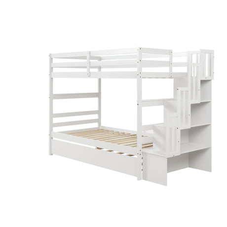 Bunk Beds Twin over Twin Stairway Storage function White color | Home Elegance USA
