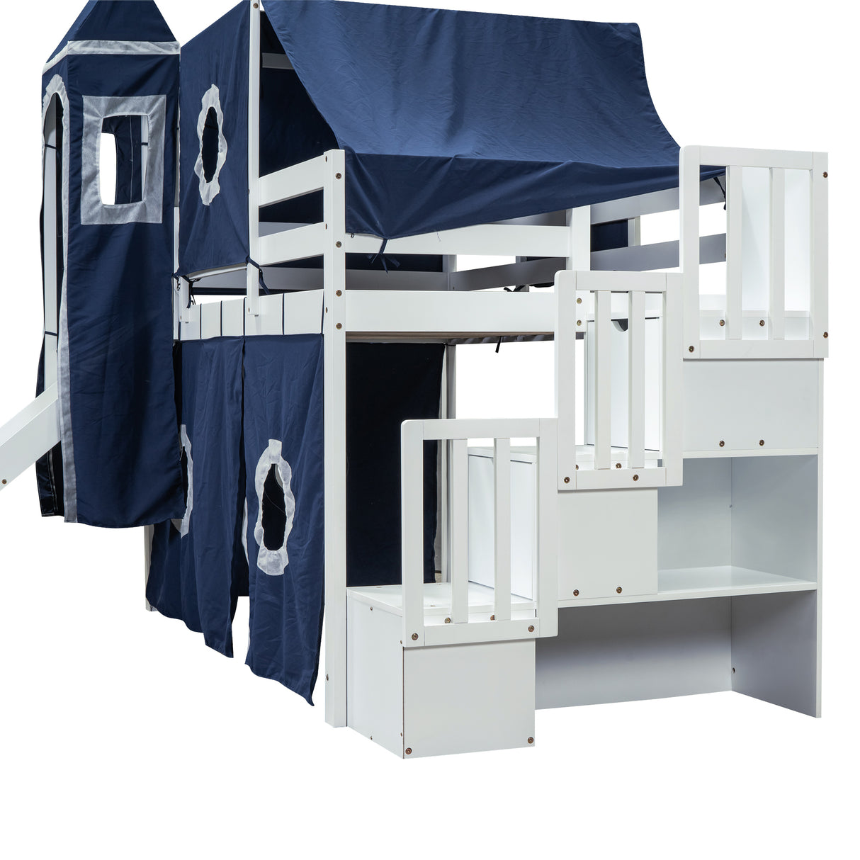 Twin Size Loft Bed with Tent and Tower - Blue - Home Elegance USA