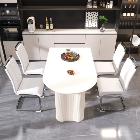 63 'medieval modern cream style MDF dining table and PU armless dining chair set 4. Assemble Desktop and Silver plated metal leg dining chair set, suitable for home&kitchen - sold by Home Elegance USA