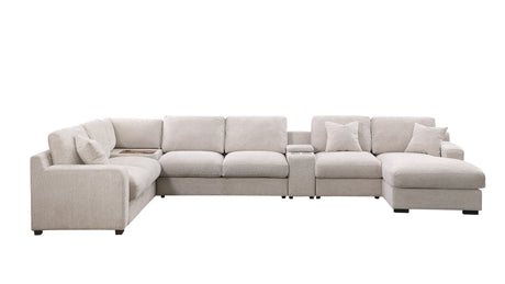 Celine 141.5' Beige Chenille Fabric Corner Sectional Sofa with Right-Facing Chaise, Cupholders, and Charging Ports - sold by Home Elegance USA