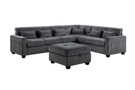Trey 115'W Gray Chenille Sectional Sofa with Adjustable Backrest, Charging Ports, Pockets, Tufting, Storage Ottoman, Throw Pillows - sold by Home Elegance USA
