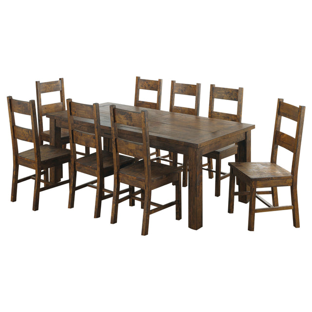 Mina Rustic Golden Brown 9-Piece Dining Table Set with Ladderback Chairs in Natural Wood Finish, 78.75 Inch Long