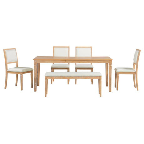 TREXM Vintage Extendable Dining Table Set for 6 with 4 Chairs & Bench, 59 to 72-Inch Rustic Farmhouse Kitchen Table Set with Distressed Finish and Retro Carved Legs (Natural Wood Wash) - sold by Home Elegance USA