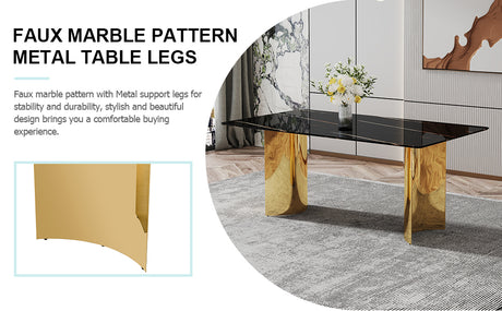 Table and chair set.The table has a glass tabletop with imitation marble pattern sticker and stainless steel golden legs.Paried with 8 Black comfortable chairs with PU seats and metal legs.W1151S01514 - sold by Home Elegance USA