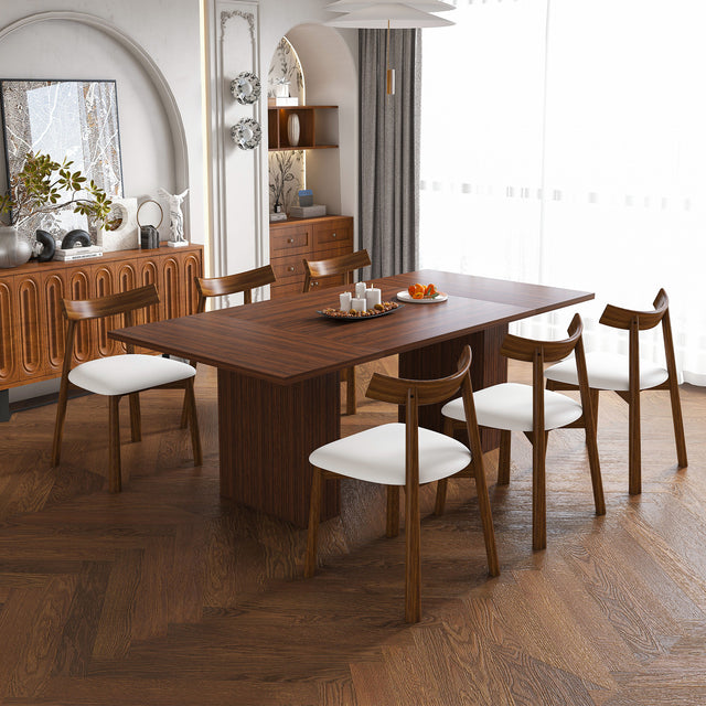 78 Inch Long Dining Table Set for 6 in Natural Wood Veneer, Rectangular MDF Kitchen Table with Storage Base & 6 PU Cushioned Chairs, Modern Rustic Dining Set for Kitchen and Dining Room