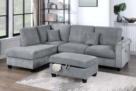 Contemporary Style 3pc Sectional Set Right Arm Chaise Left Arm Sofa w/ USB Port Storage Ottoman Throw Pillow Wooden Legs Fog Finish Primary Living Room - sold by Home Elegance USA