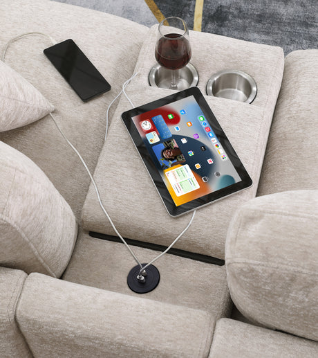 Chiara 141.5'W Beige Chenille Fabric Corner Sectional Sofa with Right-Facing Chaise, Cupholders, and Charging Ports - sold by Home Elegance USA