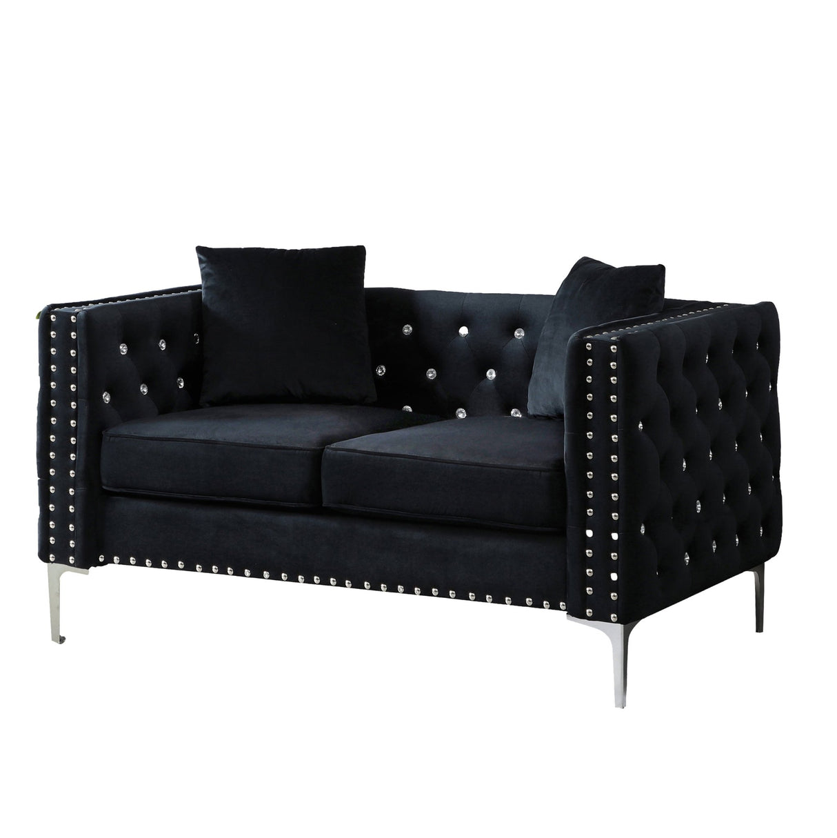 59.4 Inch Wide Black Velvet Sofa with Jeweled buttons,Square Arm ,2 Pillows - W1117S00006 - image - 2