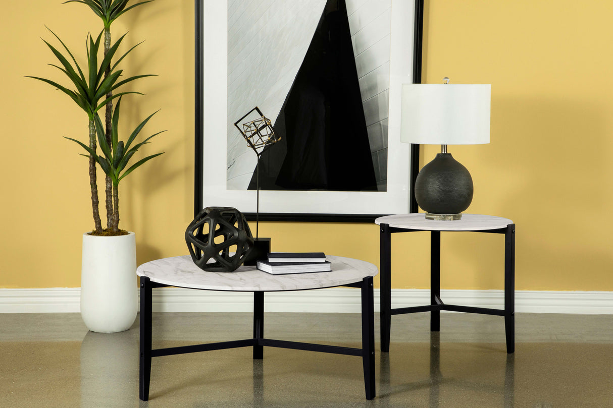 End Table - Tandi Round End Table Faux White Marble and Black