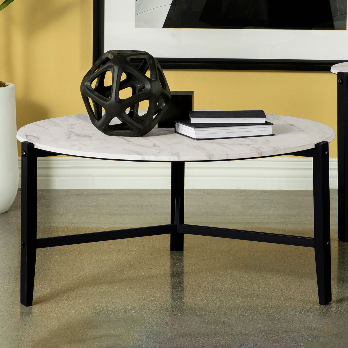 Coffee Table - Tandi Round Coffee Table Faux White Marble and Black