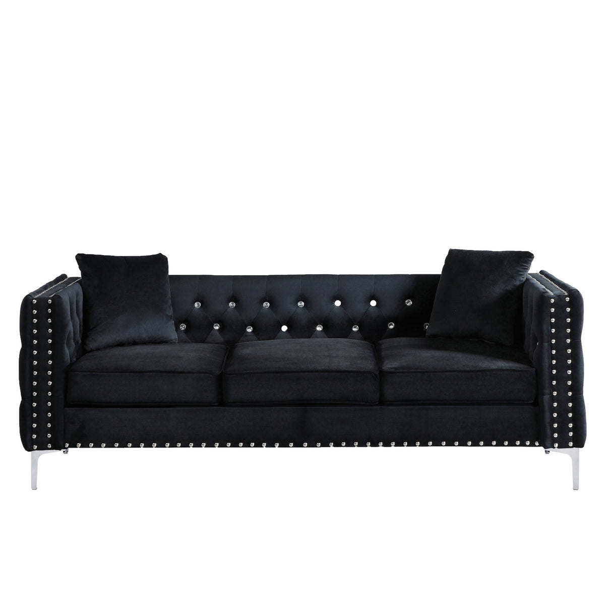 82.3" Width Modern Velvet Sofa Jeweled Buttons Tufted Square Arm Couch Black,2 Pillows Included | Home Elegance USA