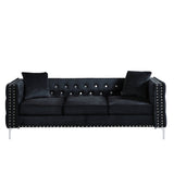 82.3" Width Modern Velvet Sofa Jeweled Buttons Tufted Square Arm Couch Black,2 Pillows Included - W1117S00007 - image - 3