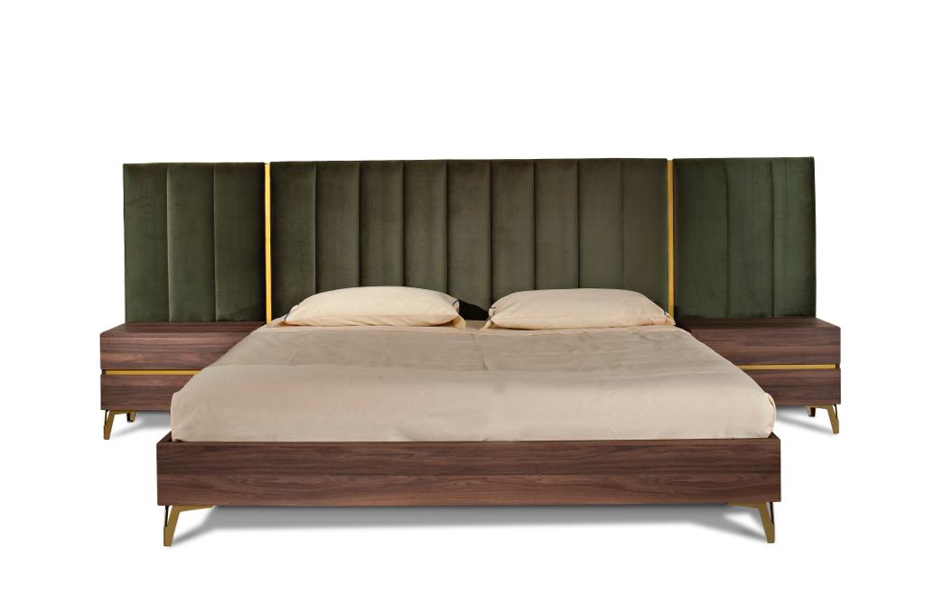 Eastern King Calabria Modern Walnut & Green Velvet Bed & Nightstands - View Image 1