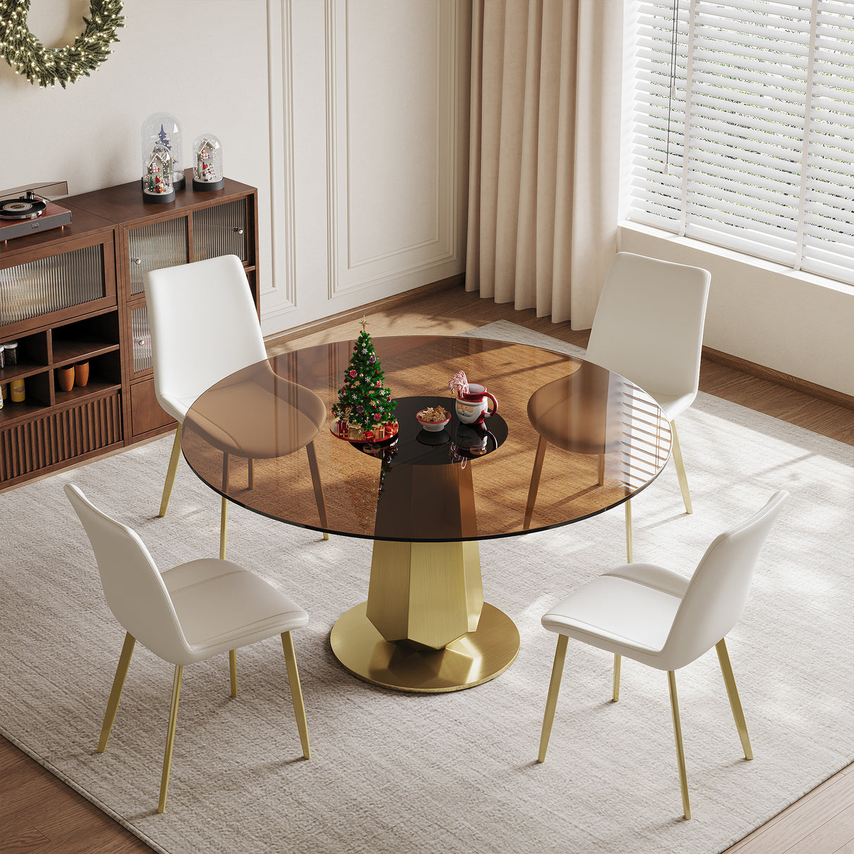 53 inch 5-Piece Round Dining Table Set with Smoked Glass Top & 4 White PU Chairs, Gold Stainless Steel Base, Modern Kitchen Set for 4-8 People, Easy Assembly for Apartments and Small Spaces