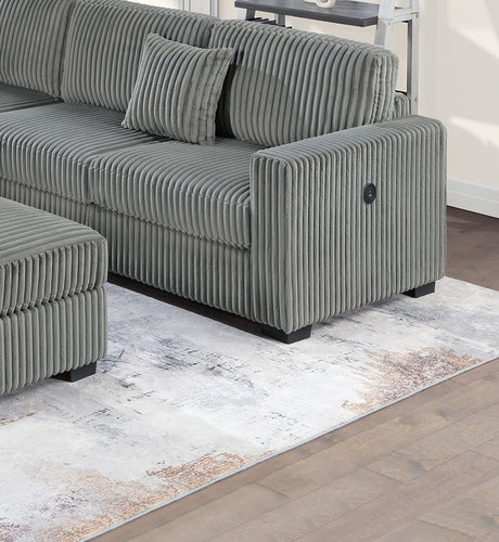 Living Room Corduroy Upholstered Smoke 4pc Sectional Set RAF/LAF One-Arm Loveseat W/USB, Corner Wedge, Cocktail Ottoman Cushion Couch - sold by Home Elegance USA