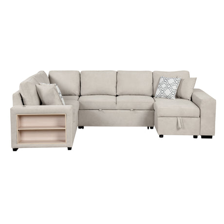 Beige Chenille U-Shaped Sectional Sofa with Pull-out Bed, USB Ports, Storage Chaise & Back Pillows - sold by Home Elegance USA