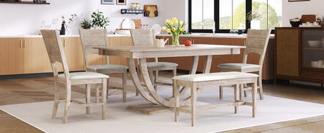 TOPMAX Modern Style Natural Wood 6-Piece Dining Table Set with Bench and Chairs, Upholstered Seats, Rubberwood Frame - sold by Home Elegance USA