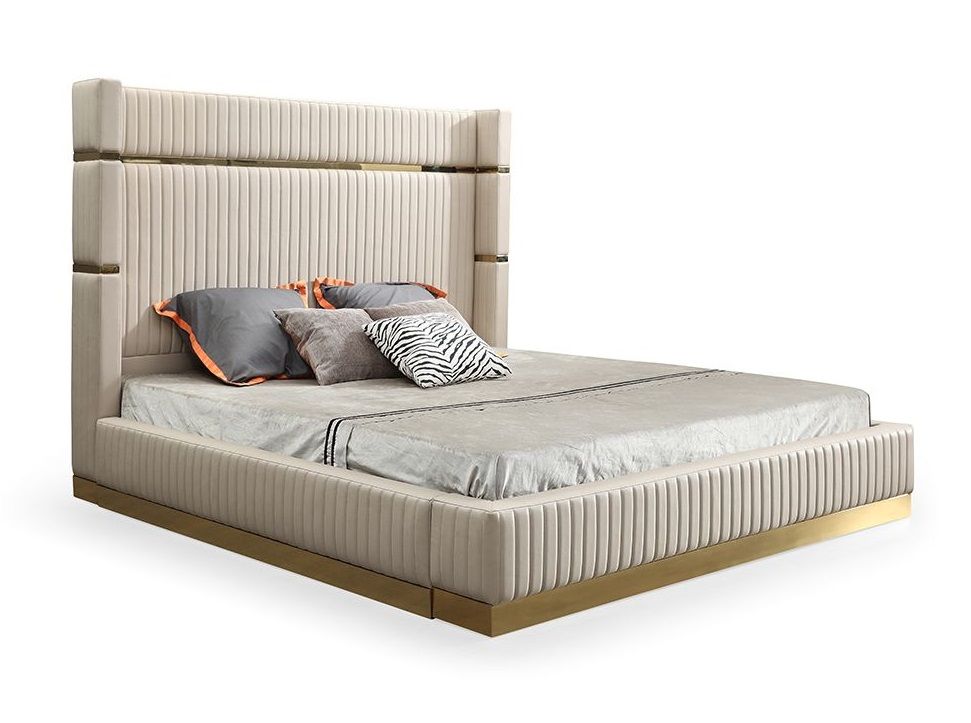 Queen Sterling Modern Beige Bonded Leather & Gold Bed