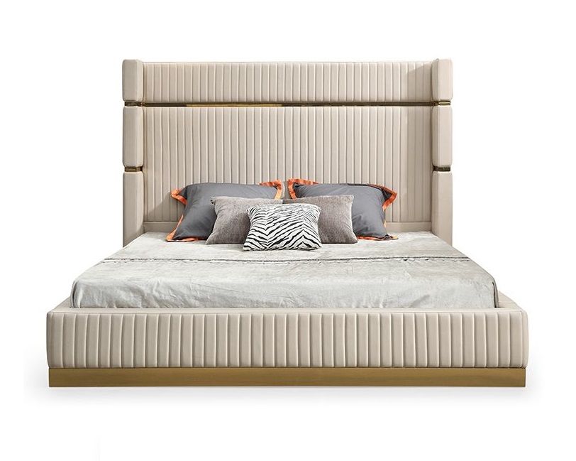 Eastern King Sterling Modern Beige Bonded Leather & Gold Bed