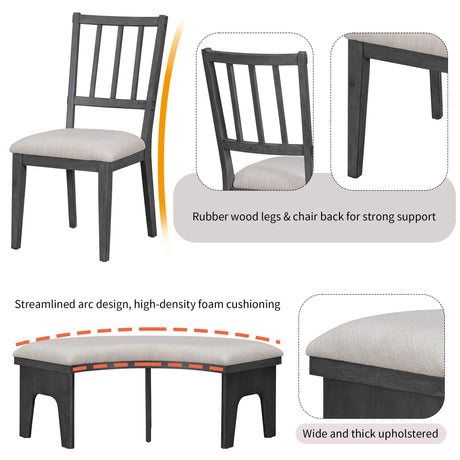 TREXM 5-piece Rustic Charm Round Dining Set with 3 Upholstered Chairs and Curved Bench for Dining Room, Kitchen and Living Room (Gray) - sold by Home Elegance USA