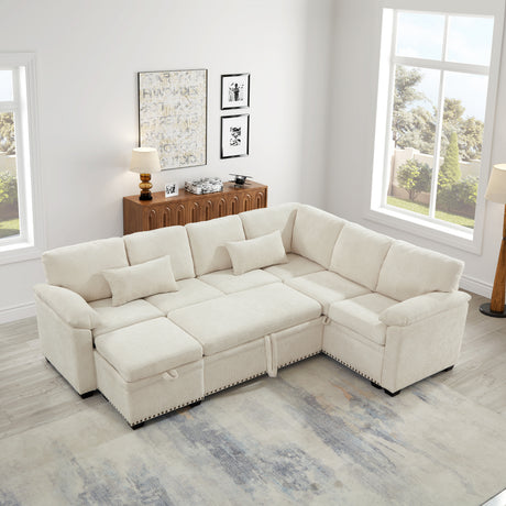 97 Inch L-Shaped Corner Sectional Sofa Couch with Seat and Storage Ottoman,Chenille Fabric Corner Couch with 7 Seats & 2 Pillows for Living Room, Beige - sold by Home Elegance USA