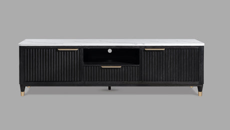 1pc Modern Luxury and Sleek Black Fluted Wood Facade Pristine White Faux Marble Top Brass-tone Accents Tapered Legs Tv Stand Media Console - sold by Home Elegance USA