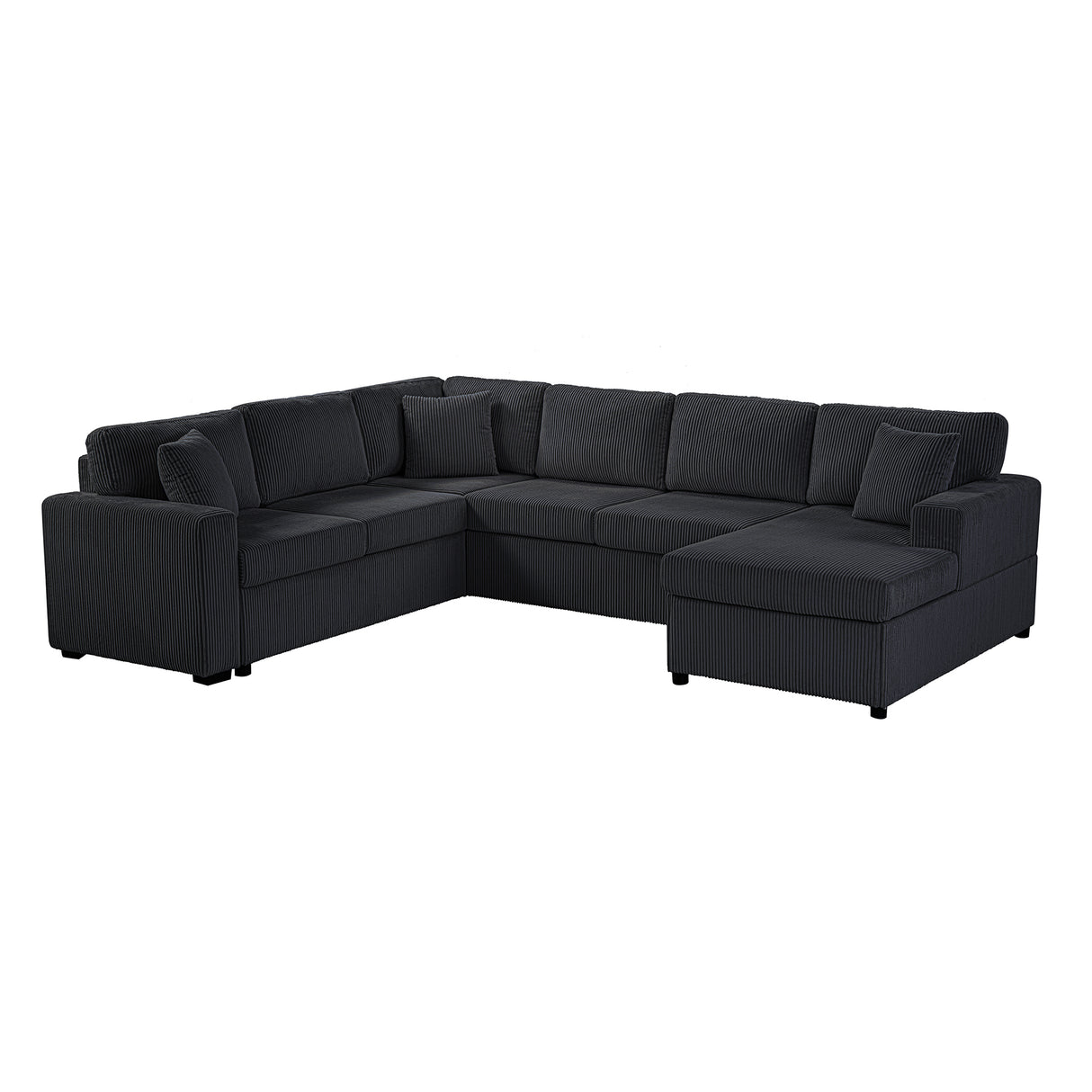 Oversized Sectional Sofa 115.3' U-Shaped Sofa with Chaise Lounge and Three Soft Throw Pillows, Black Corduroy Fabric