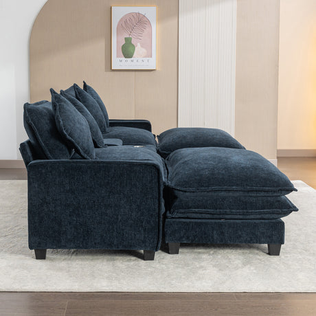 Contemporary Chenille Upholstered Sectional Sofa with Ottomans, USB Ports, Cup Holders & Storage, Blue - sold by Home Elegance USA