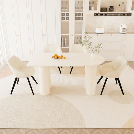63' medieval modern cream style MDF dining table and beige PU dining chair set, 4 sets of black metal leg dining chairs, suitable for kitchen&home - sold by Home Elegance USA