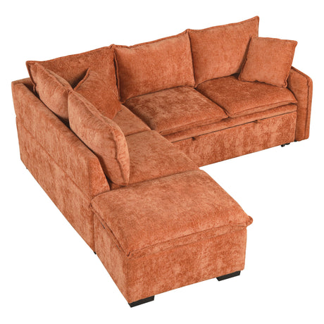 Convertible L-shaped Sofa Bed with Storage Ottoman, Power Sockets & USB Ports, Orange Chenille, 82.67' - sold by Home Elegance USA