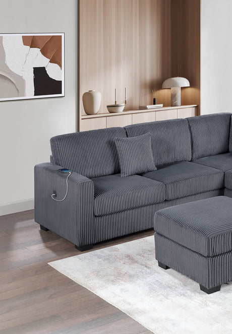 Living Room Corduroy Upholstered Dark Gray 4pc Sectional Set RAF/LAF One-Arm Loveseat W/USB, Corner Wedge, Cocktail Ottoman Cushion Couch - sold by Home Elegance USA