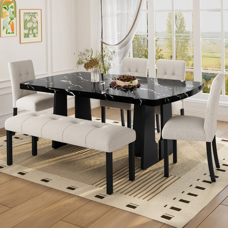 6 Piece Modern Dining Table Set, 63' Faux Marble Dining Table with Geometric Legs & 4 Upholstered Chairs & 1 Bench, Suitable for Dining Kitchen Room,Easy to Assemble, Beige+Black - sold by Home Elegance USA