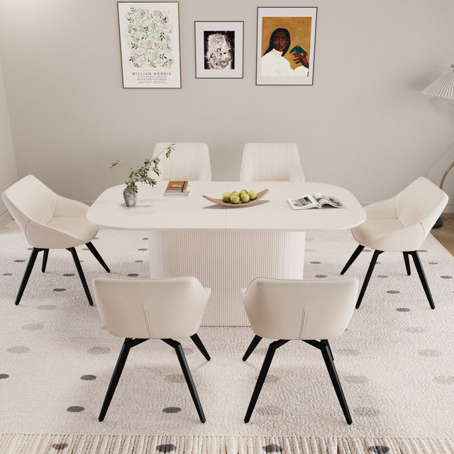 63' medieval modern cream style MDF dining table and 6 sets of black metal leg PU decorative chairs. Assemble desktop and artificial leather dining chair set, suitable for home& kitchen
