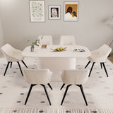 63' medieval modern cream style MDF dining table and 6 sets of black metal leg PU decorative chairs. Assemble desktop and artificial leather dining chair set, suitable for home& kitchen