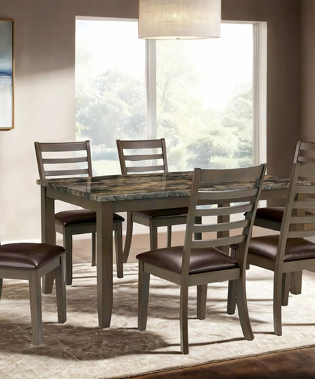 Simple Classic Brown 7pc Dining Set Faux Marble Top Dining Table 6xSide Chairs Leatherette Seats Dining Room Furniture - sold by Home Elegance USA