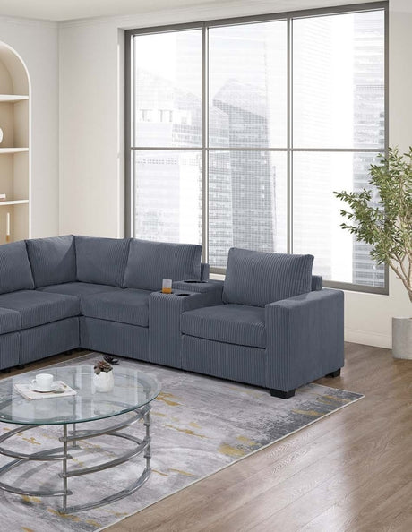 Modern Large Family Dark Gray Corduroy 6pc Sectional Set Living Room One Arm Loveseat Wedge Console Armless Chair Couch Set - sold by Home Elegance USA