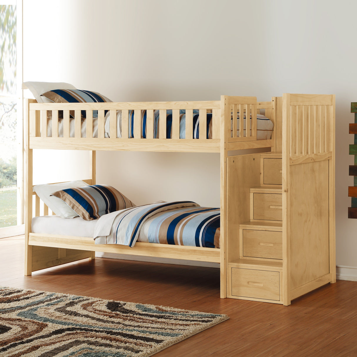 Twin Over Twin Bunk Bed Reversible Storage Step Drawers Natural Pine Finish Guard Rails Wooden Bedroom Furniture 1pc