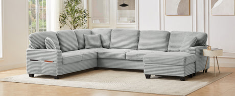 Modern U-shaped Sectional Sofa with Movable Ottoman and Side Storage Pockets, Grey Corduroy, 125.2' - sold by Home Elegance USA