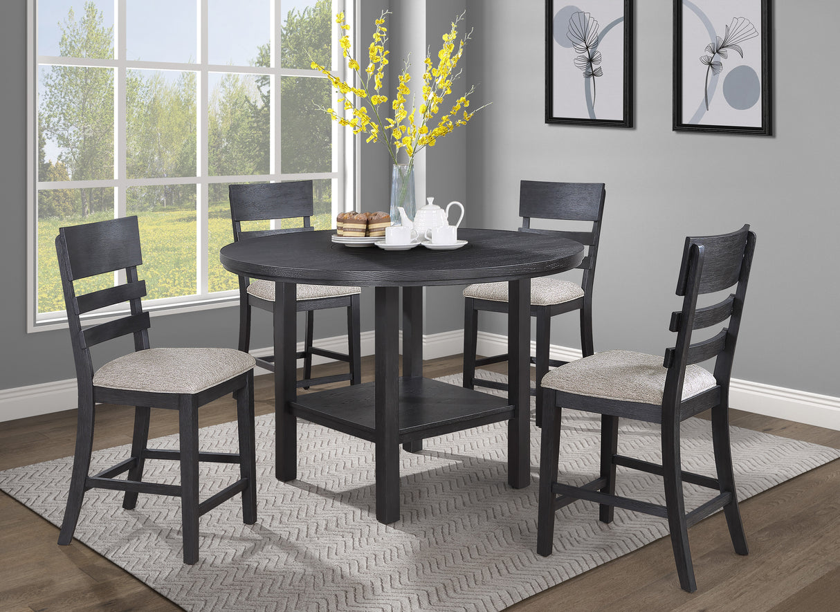 5-Piece Contemporary Dining Set Counter Height Round Table Charcoal Black Gray Finish Upholstered Chairs Wooden Solid Wood Dining Room Kitchen Furniture