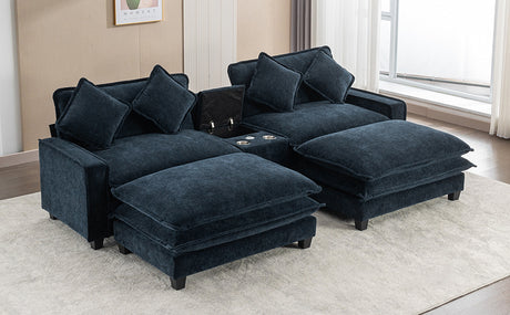 Contemporary Chenille Upholstered Sectional Sofa with Ottomans, USB Ports, Cup Holders & Storage, Blue - sold by Home Elegance USA
