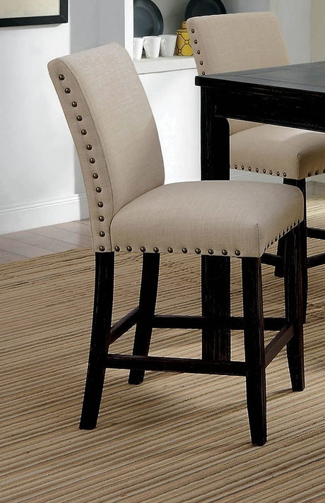 Rustic Style 5pc Counter Height Dining Table Set 1x Table 4x Chairs Fabric Chairs Bold Distressed Detail Nailhead Trim Antique Black Finish - sold by Home Elegance USA