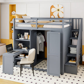Full Size Loft Bed with Wardrobe,Desk and Shelves,Gray(OLD:LT000679AAE)