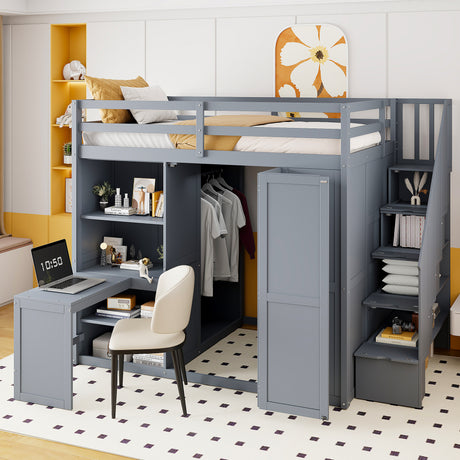 Full Size Loft Bed with Wardrobe,Desk and Shelves,Gray(OLD:LT100679AEE)